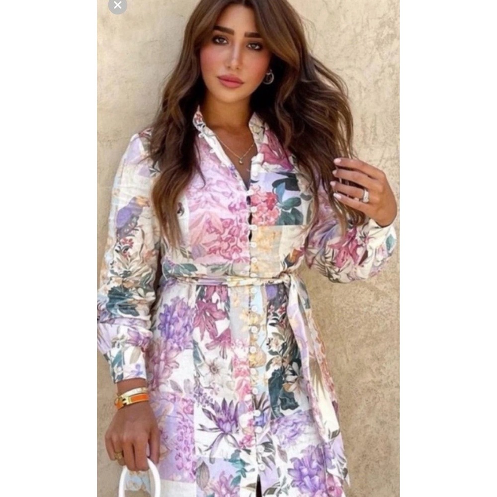 ZARA Floral Patchwork Mini Dress Long Sleeve Linen Blend Blogger Fav Size XS - Picture 2 of 9